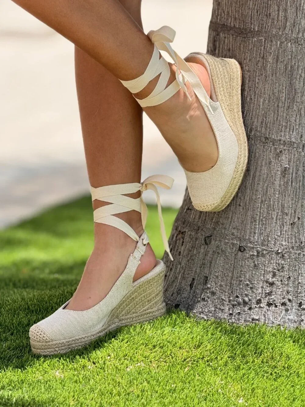 New Beige Crochet Lace-Up Boho Espadrille Raffia Jute Sandal Platform Wedge Heel